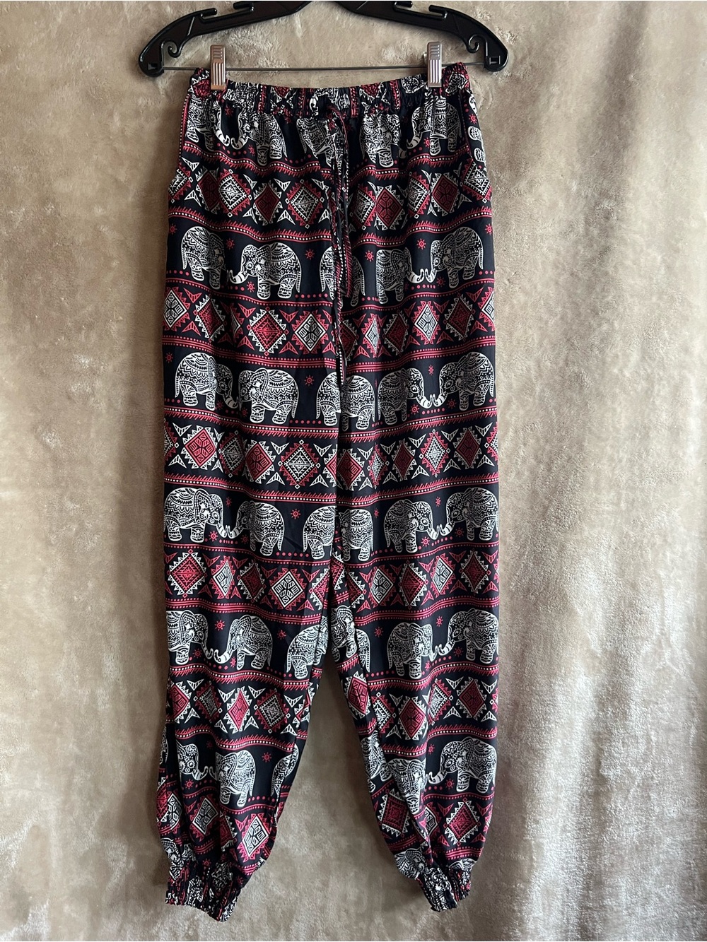 Boho Elephant Print Harem Jogger Pants Lightweight Festival Lounge Size O/S